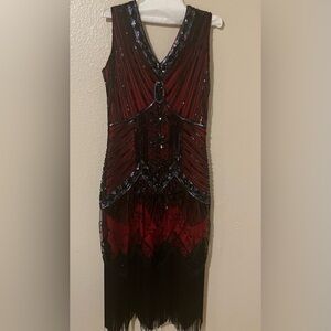 Vintage Gatsby Style Beaded Fringe Dress Red & Black Flapper Dress Size M Unique